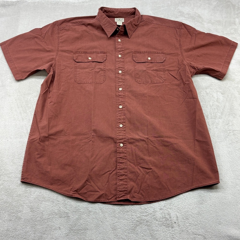 LL Bean Button Down Shirt Mens XXL Tall Red Short Sleeve Cotton Workwear Pocket